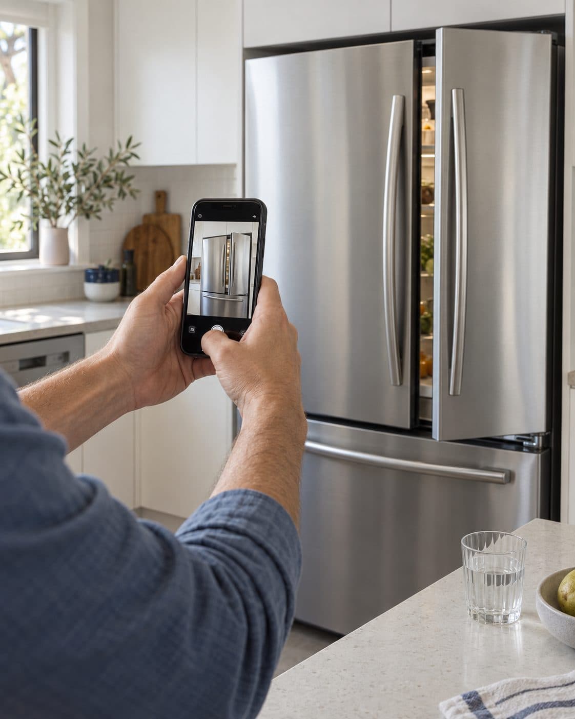 Photographing a fridge with a phone in a daylight kitchen